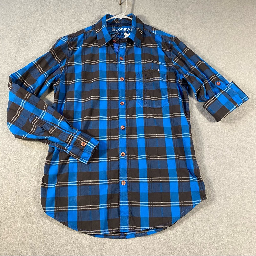 Ecohawk Men’s Blue and Black Plaid Button Up Shirt, Long Sleeves, size M
